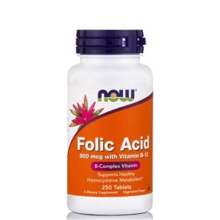 Now Foods Folic Acid 800mcg & B12 25mcg 250ταμπλέτες Συμπλήρωμα Φολικού Οξέως & Βιταμίνη Β12