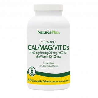 Nature's Plus Cal/Mag/Vit D3 60 Μασώμενες Ταμπλέτες με Γεύση Σοκολάτα με Ασβέστιο 1200mg, Μαγνήσιο 600mg, D 1000iu & K 100mcg 