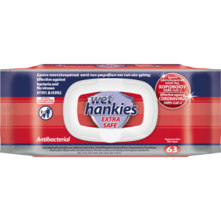 Wet Hankies Extra Safe 63 Τεμάχια Υγρά Αντιβακτηριδιακά Μαντηλάκια Χεριών Κατά των Μικροβίων, ιών της Γρίπης & Κορωνοϊού